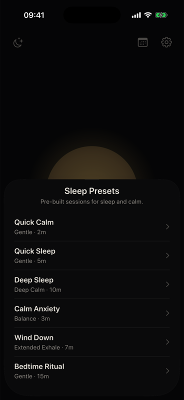 Drift Breath sleep presets menu showing Quick Sleep and Wind Down